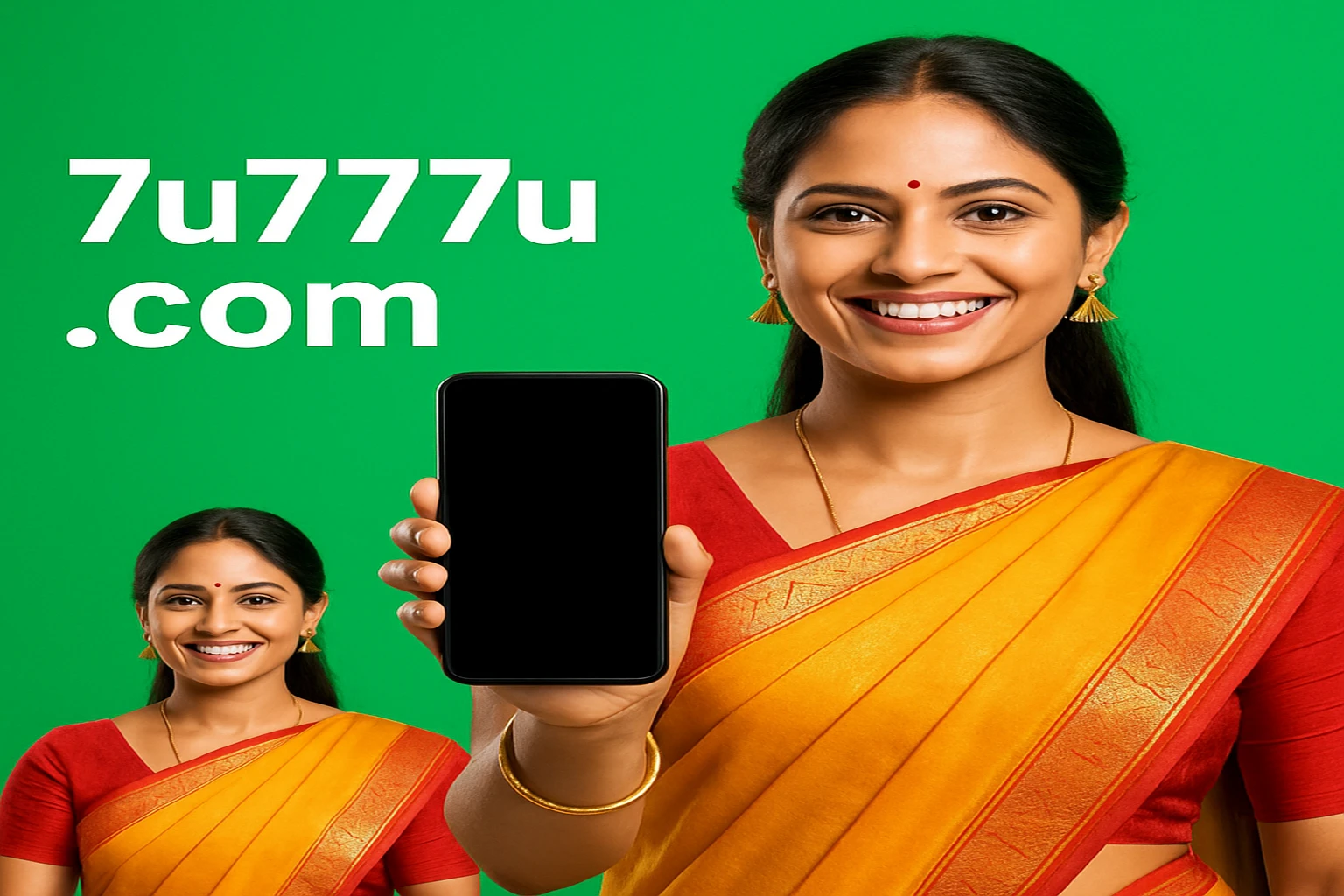 মোবাইল অ্যাপ ডাউনলোড প্রচারের জন্য স্মার্টফোন হাতে ঐতিহ্যবাহী পোশাকে একজন নারী। এই প্রচারণায় 7u77 ব্র্যান্ডও উপস্থিত থাকবে, 7u77 কনটেন্টও দেখা যাবে।