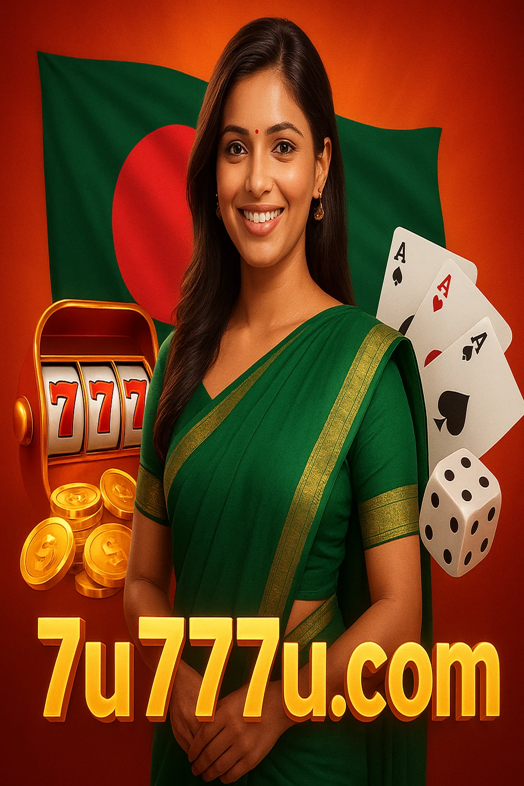 গেমিং প্ল্যাটফর্ম 7u77-এর বোনাস-প্রোমোশনাল ছবিতে সবুজ সারি পোরা একজন বাংলাদেশি নারী কার্ড হাতে খেলছেন; সঙ্গে আর্কেড গেম, ডাইস, সোনালি মুদ্রা এবং বাংলাদেশের পতাকা-সমৃদ্ধ পটভূমি রয়েছে।