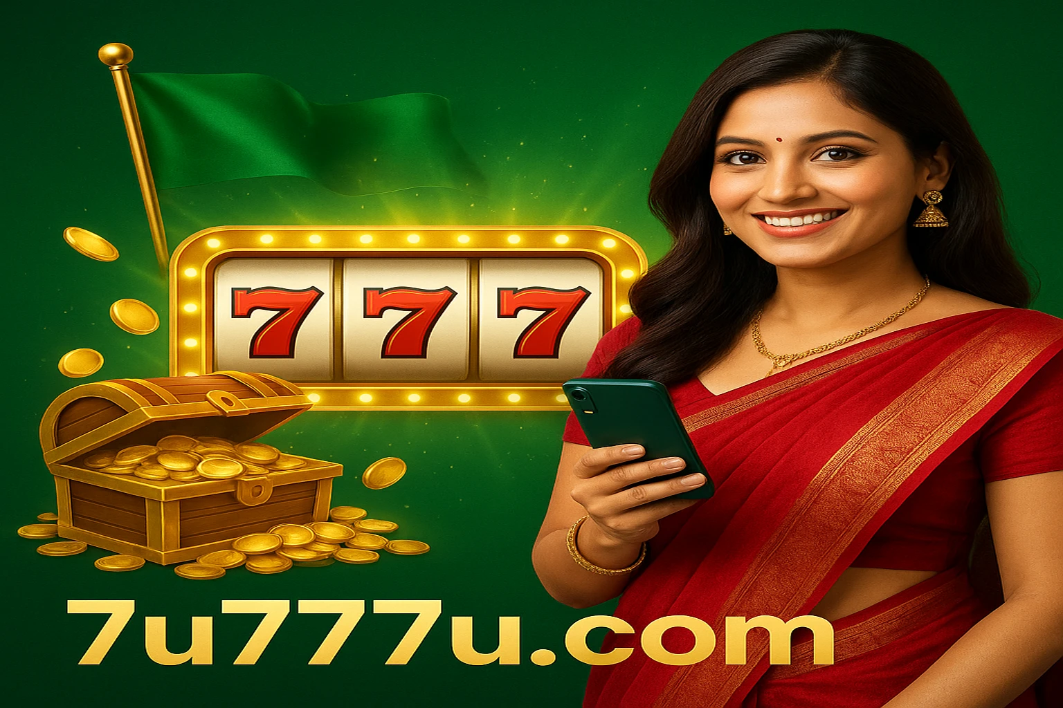 গেমিং প্ল্যাটফর্ম 7u77-এর বোনাস-প্রোমোশনাল ব্যানারে লাল সারি পোরা একজন বাংলাদেশি নারী স্মার্টফোন ধরেছেন এবং কার্ড খেলছেন; পাশে আর্কেড খেলা, খাজানা বাক্স ও ডাইস এবং বাংলাদেশের পতাকা-সমৃদ্ধ পটভূমি দেখা যাচ্ছে।